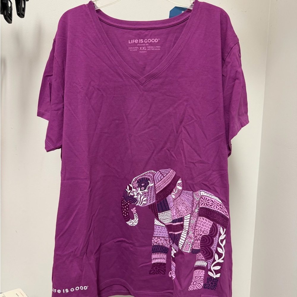 Life Is Good Purple Short Sleeve V-Neck Tee with Elephant Graphic